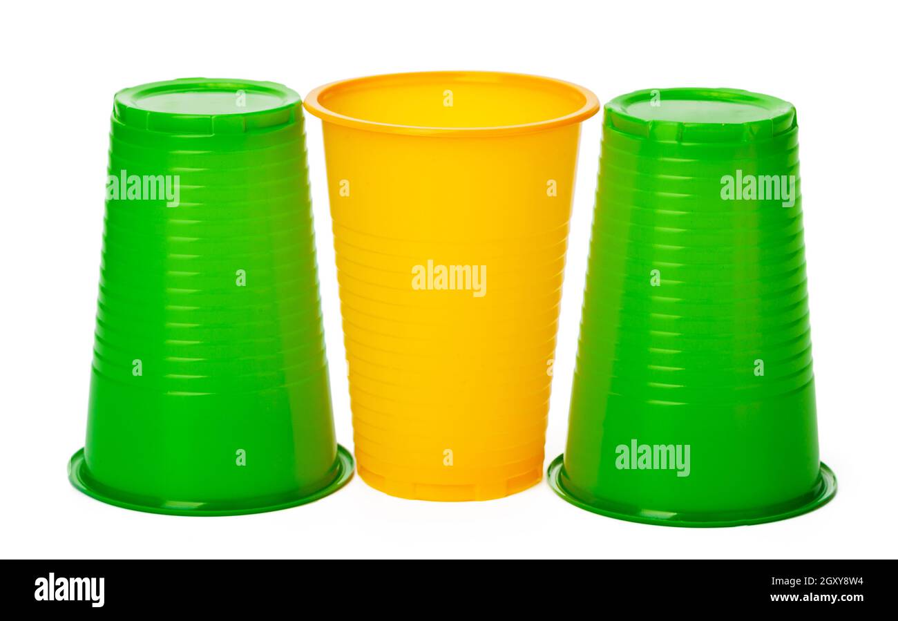 Colored disposable cups for drinks isolated on white Stock Photo
