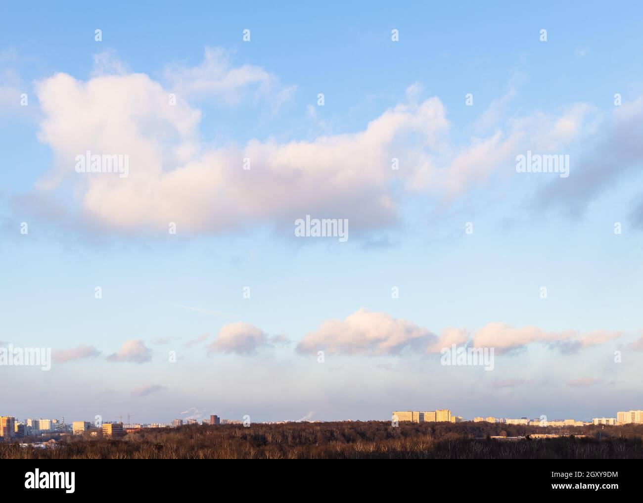 fluffy clouds in blue sunset sky over city park in spring evening Stock ...