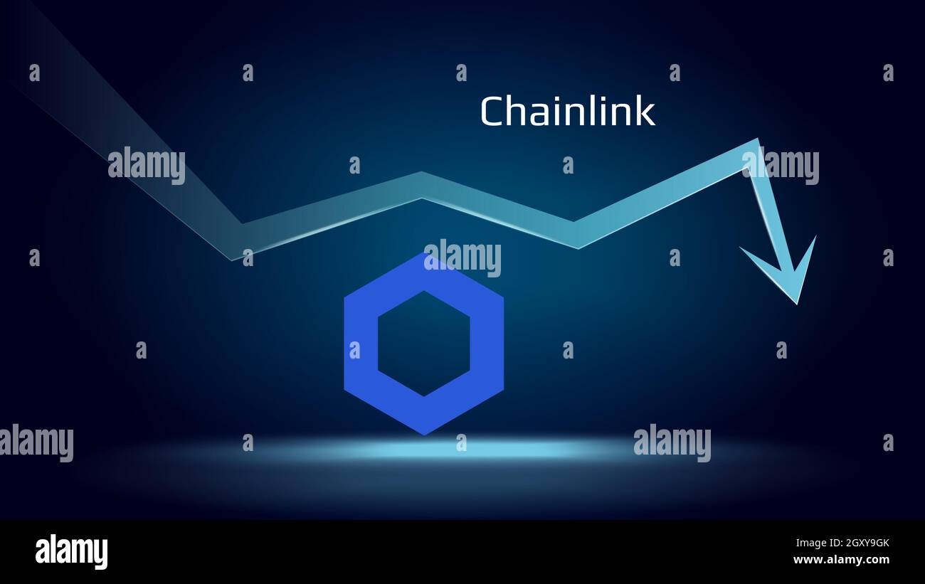Chainlink LINK in downtrend and price falls down. Crypto coin symbol and down arrow. Uniswap crushed and fell down. Cryptocurrency trading crisis and Stock Vector