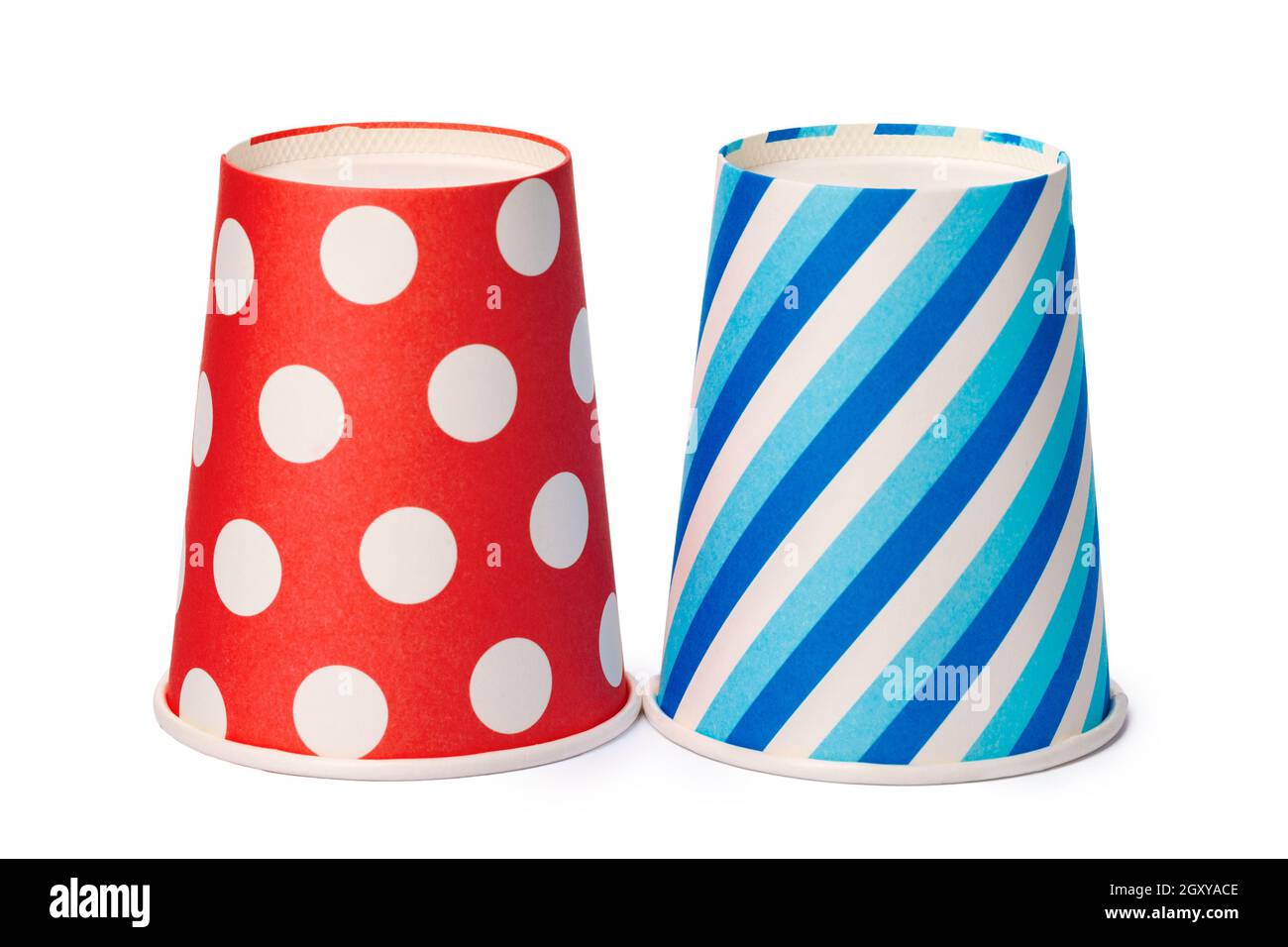 Paper disposable cups with colored pattern isolated on white background Stock Photo