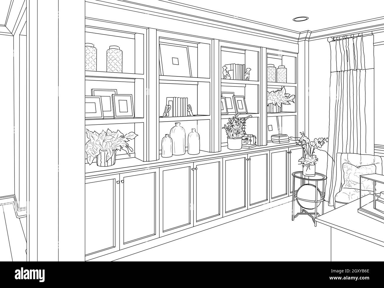 Detailed Drawing of Custom Living Room Built-in Shelves and Cabinets. Stock Photo