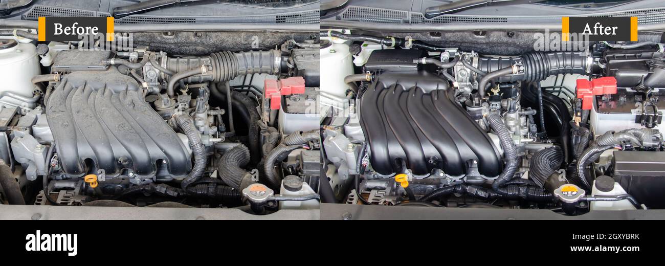 Before and after cleaning the car engine.Wash the car clean dirt with