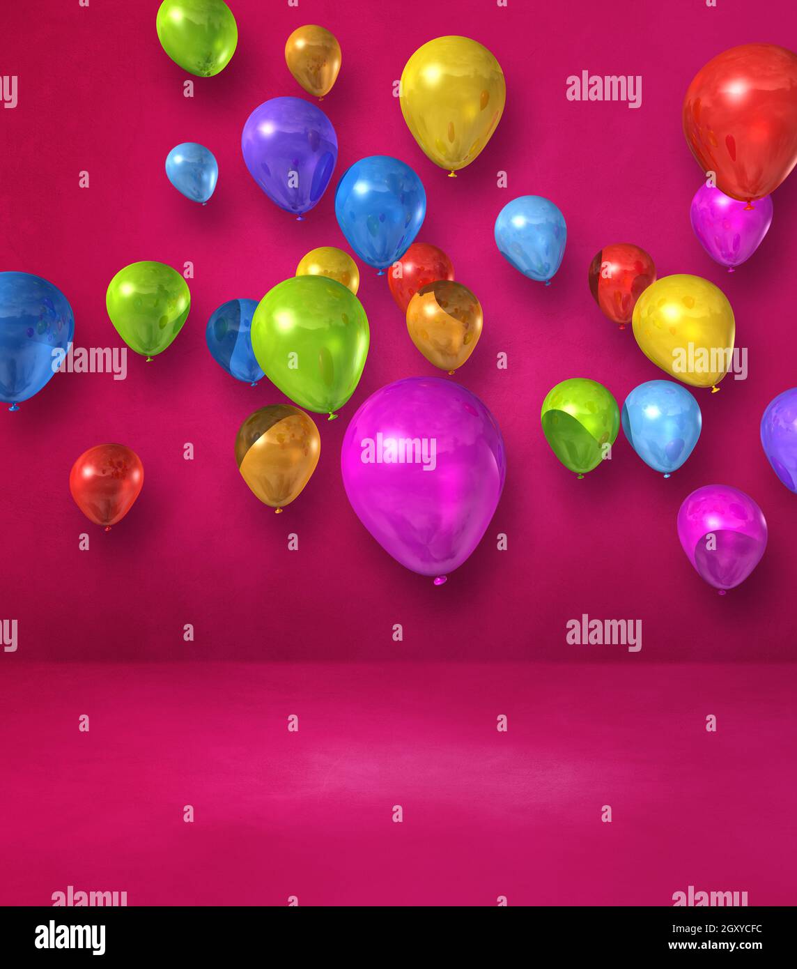 Colorful balloons group on a pink wall background. 3D illustration ...