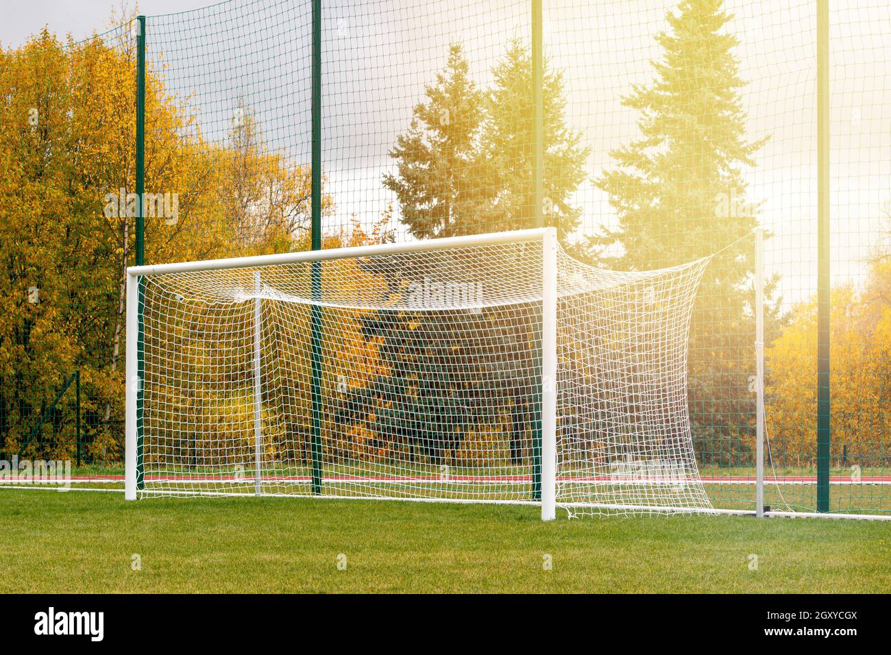 Gate on a soccer field. Football goals on countryside field Stock Photo