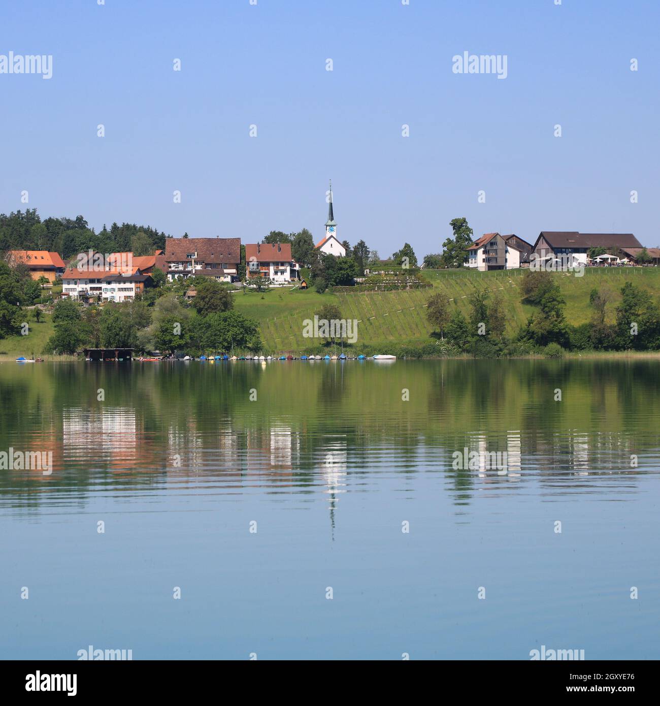 Rural village Seegraeben mirroring in Lake Pfaeffikon. Stock Photo
