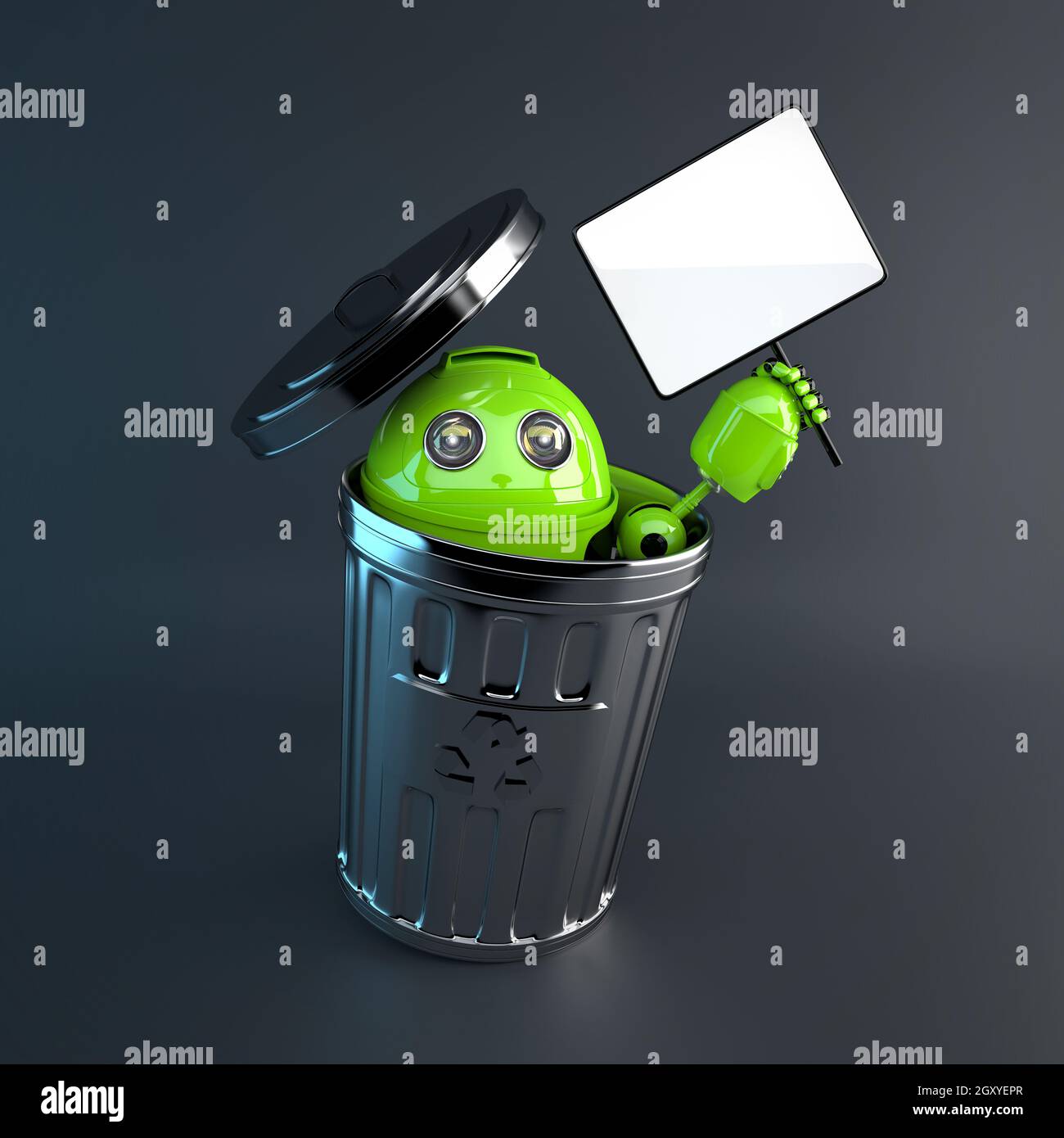 3d Robot inside trash bin. Electronic recycle concept Stock Photo
