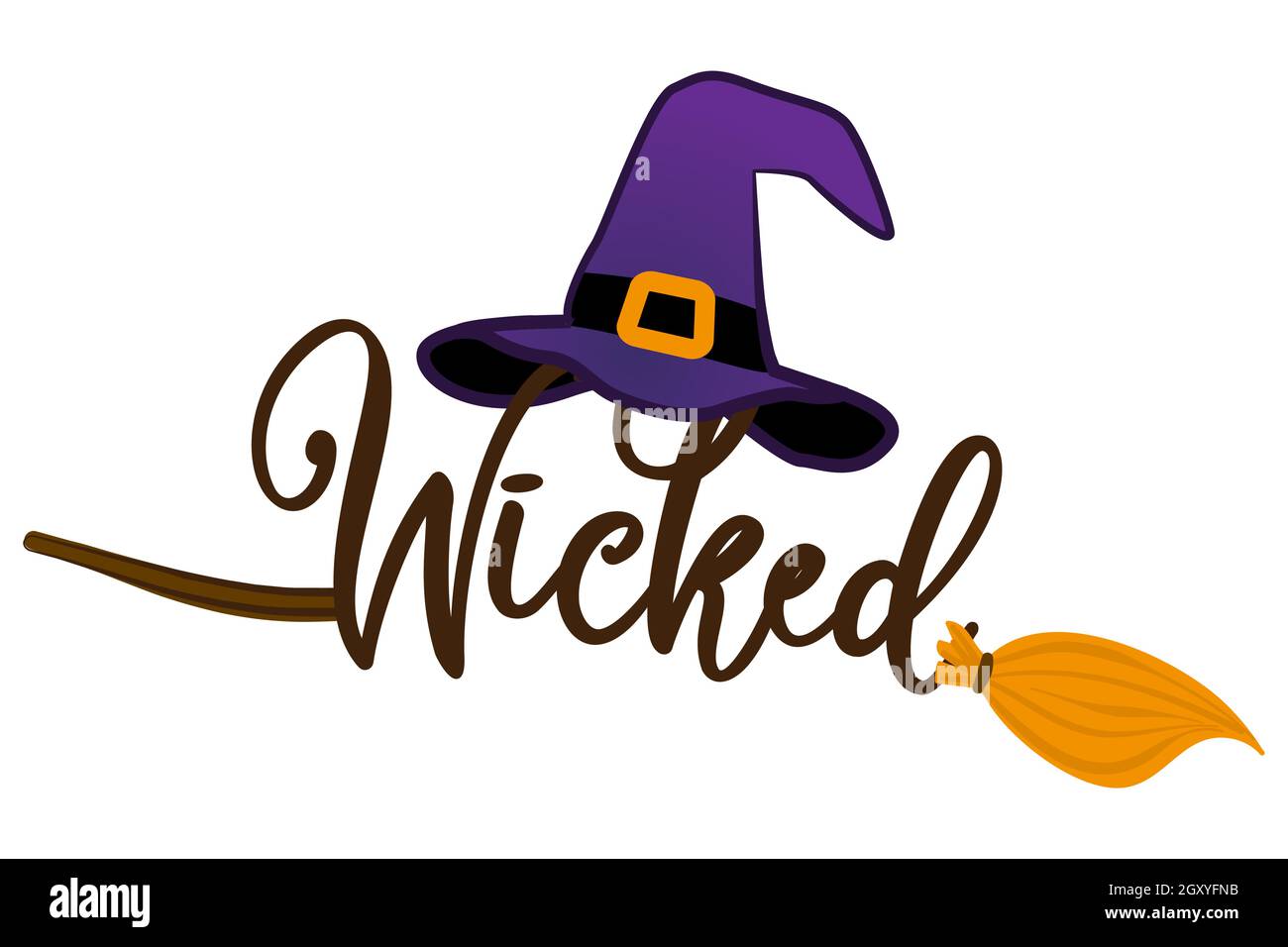 Wicked - Halloween quote on white background with broom, bats, witch hat and Witch's legs. Good for t-shirt, mug, scrap booking, gift, printing press. Stock Vector