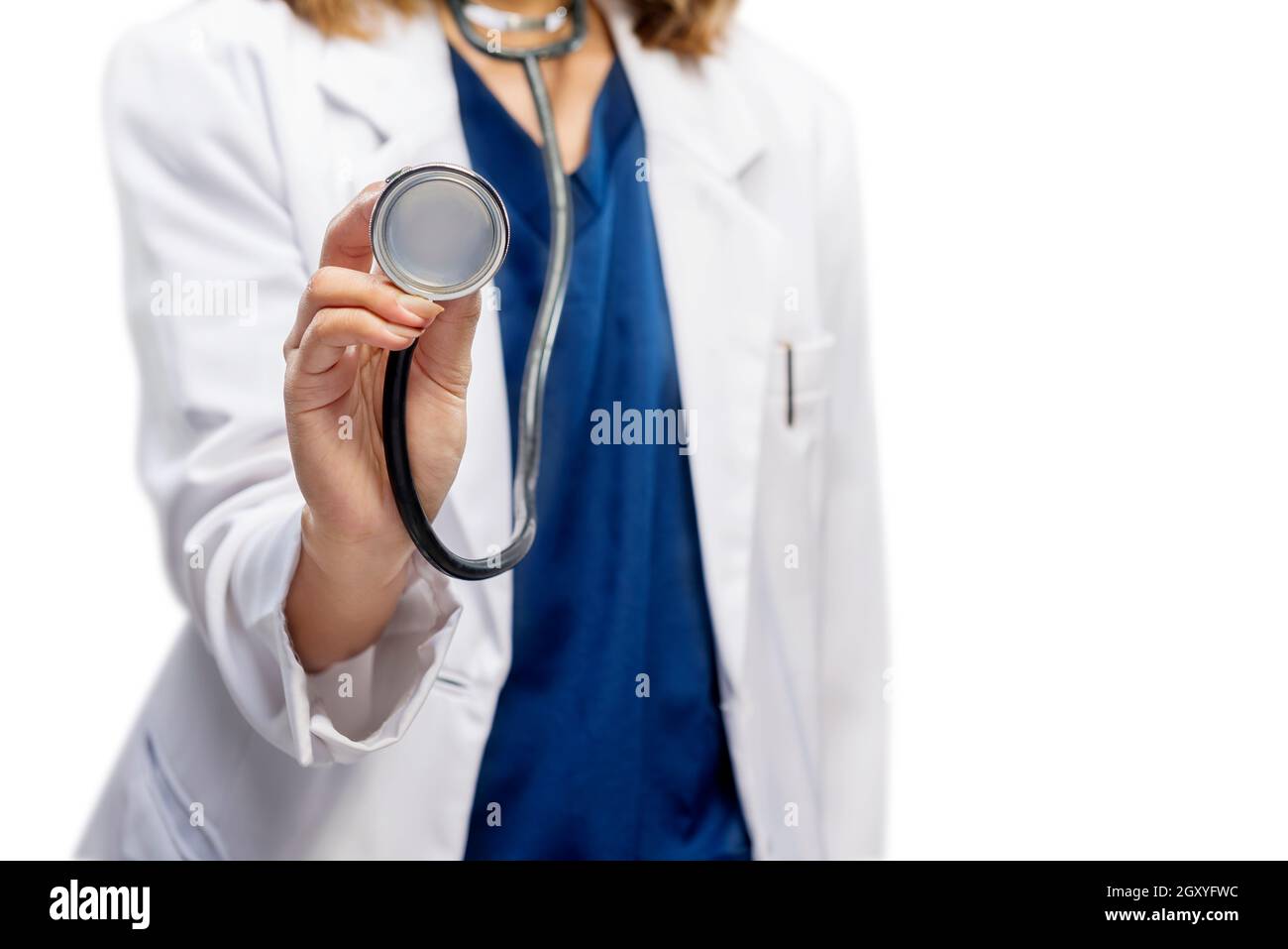 Female doctor using stethoscope isolated over white background Stock ...