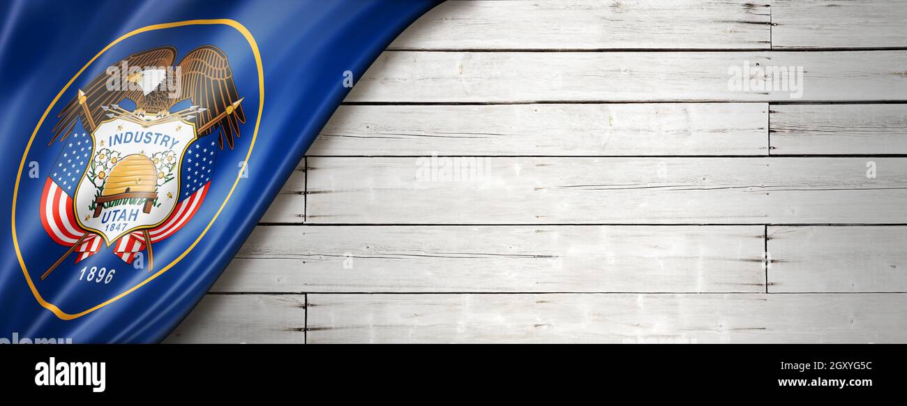 Utah flag on white wood wall banner, USA. 3D illustration Stock Photo ...