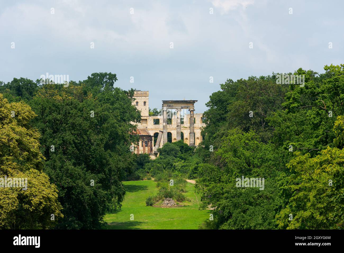 Norman tower in Potsdam, ruins inside castle park between trees Stock Photo