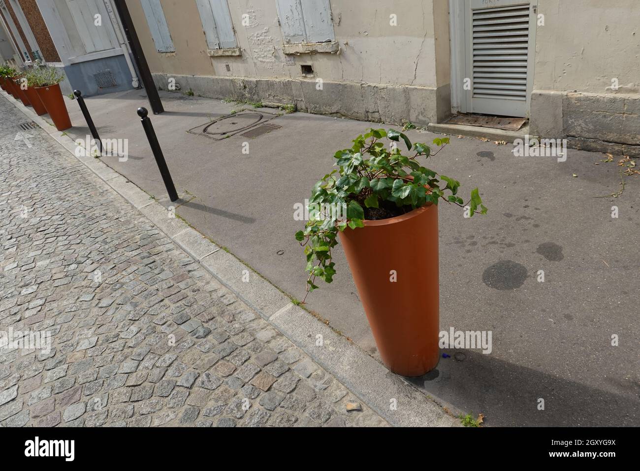 Paris, Passage Jean Nicot, Blumentopf über Verkehrspoller Stock Photo