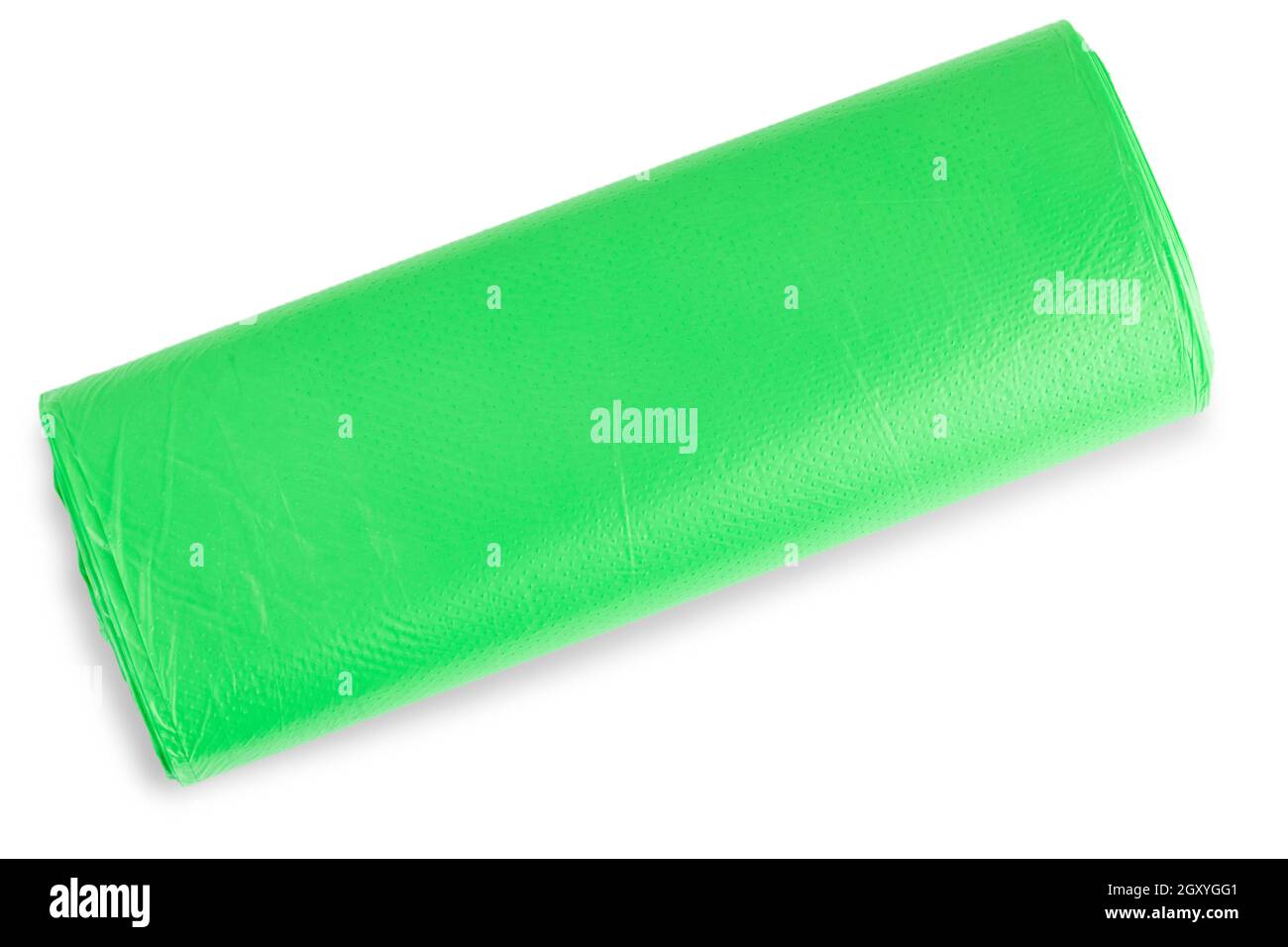 Green roll of plastic garbage bags isolated on white background Stock