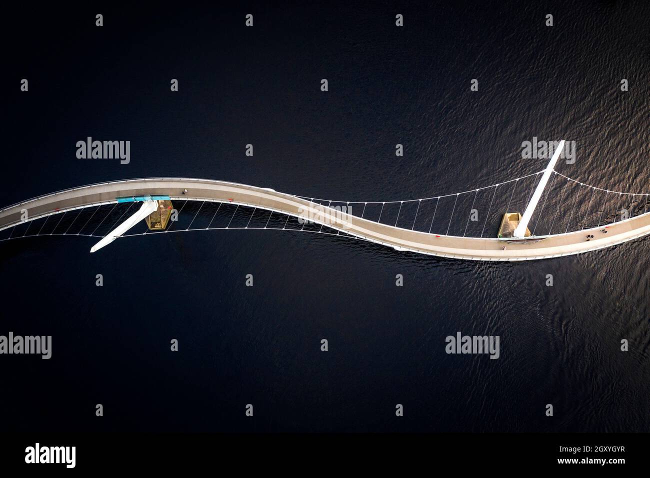 Aerial view of the Peace Bridge over the River Foyle in Derry, Londonderry, Northern Ireland Stock Photo