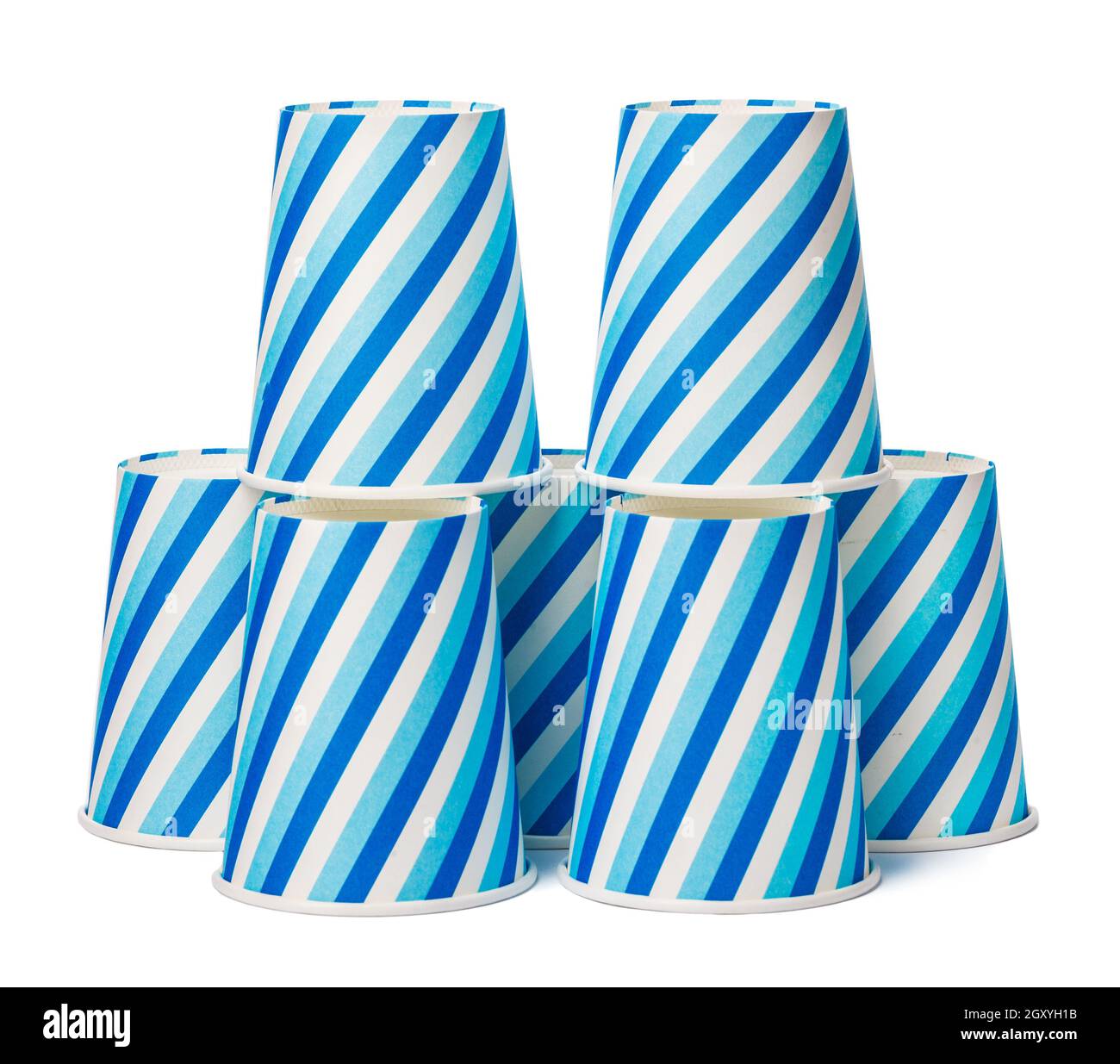 Cardboard cups decorated with blue lines pattern isolated on white ...