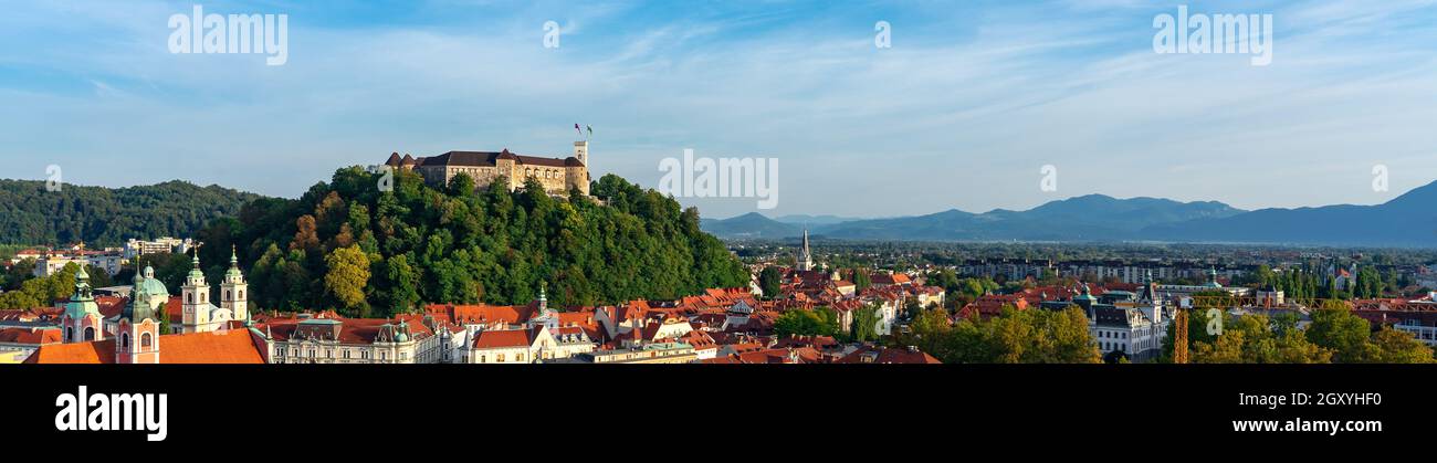 Arial panormic View of Ljubljana castle Ljubljanski grad Laibacher Schloss and the old town of Ljubljana . Stock Photo
