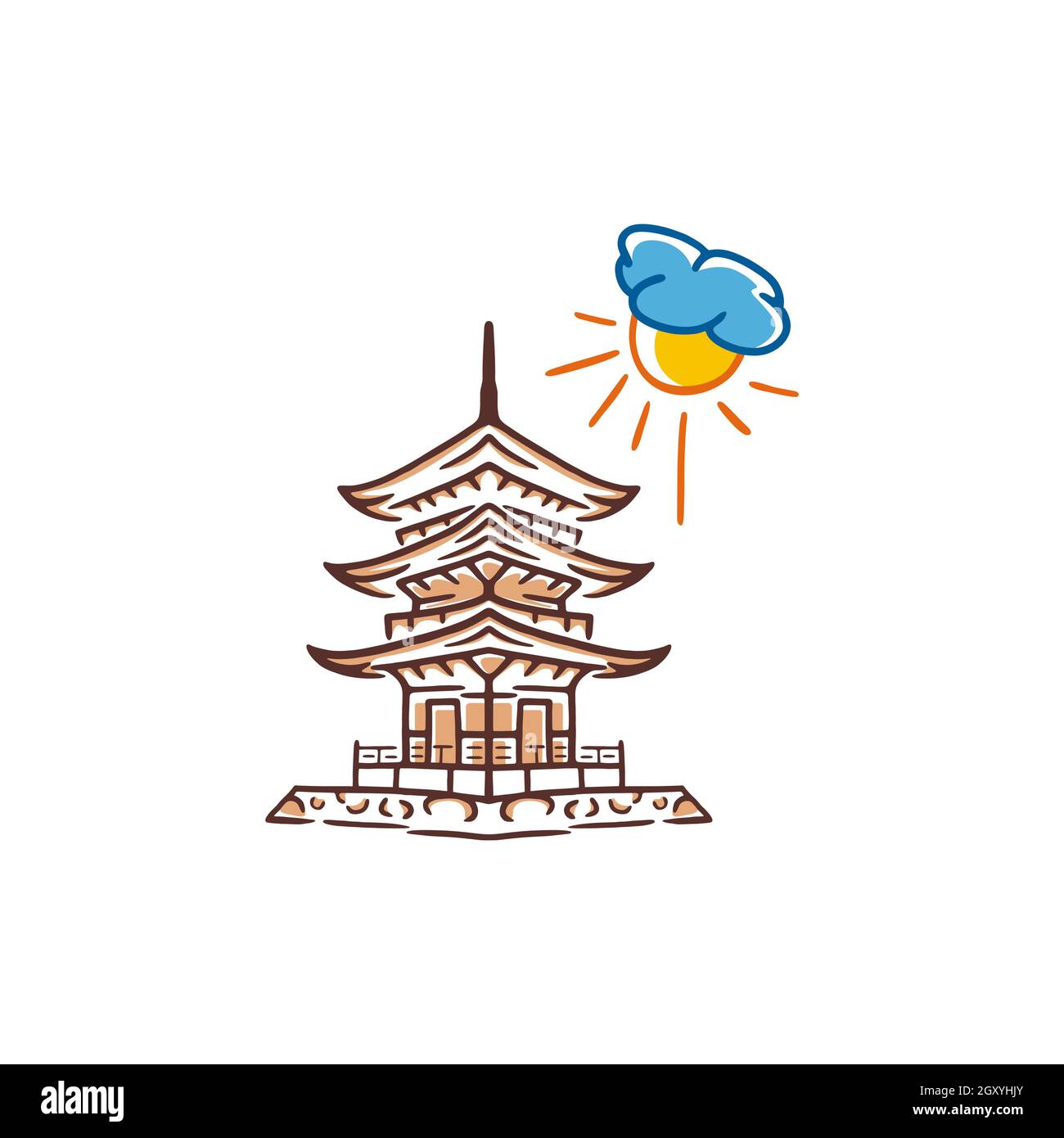 Vintage hand drawn Temple with cloud and sun Logo design vector Illustration Stock Vector