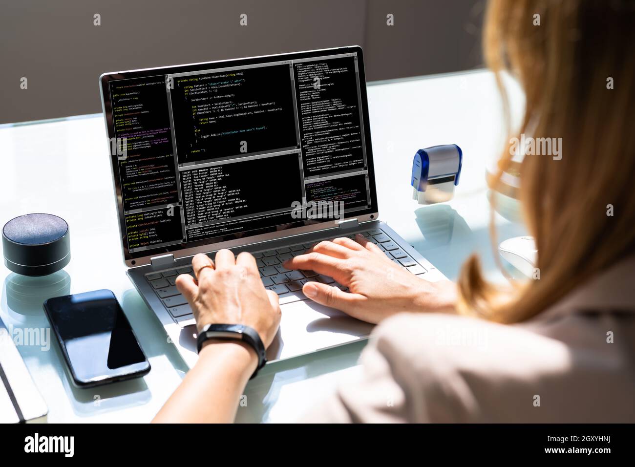 Programmer Woman Coding On Computer. Coder Girl Stock Photo - Alamy