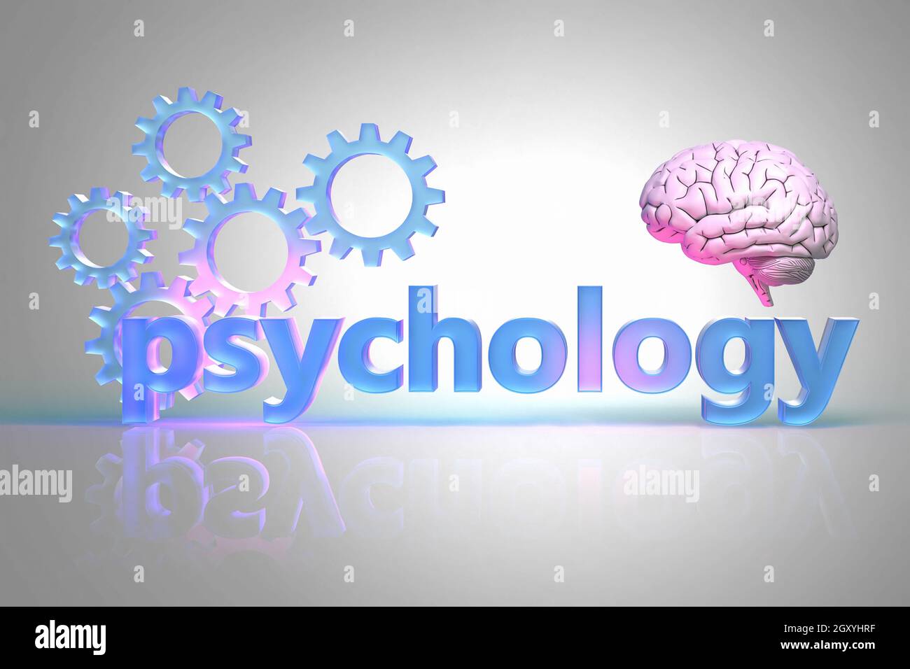 The word Psychology and gears and the human brain, presented here as a concept related to this science, 3d illustration Stock Photo