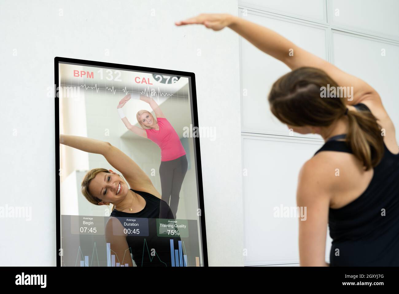 Smart Mirror Workout And Exercise Class. Women Doing Fitness Stock