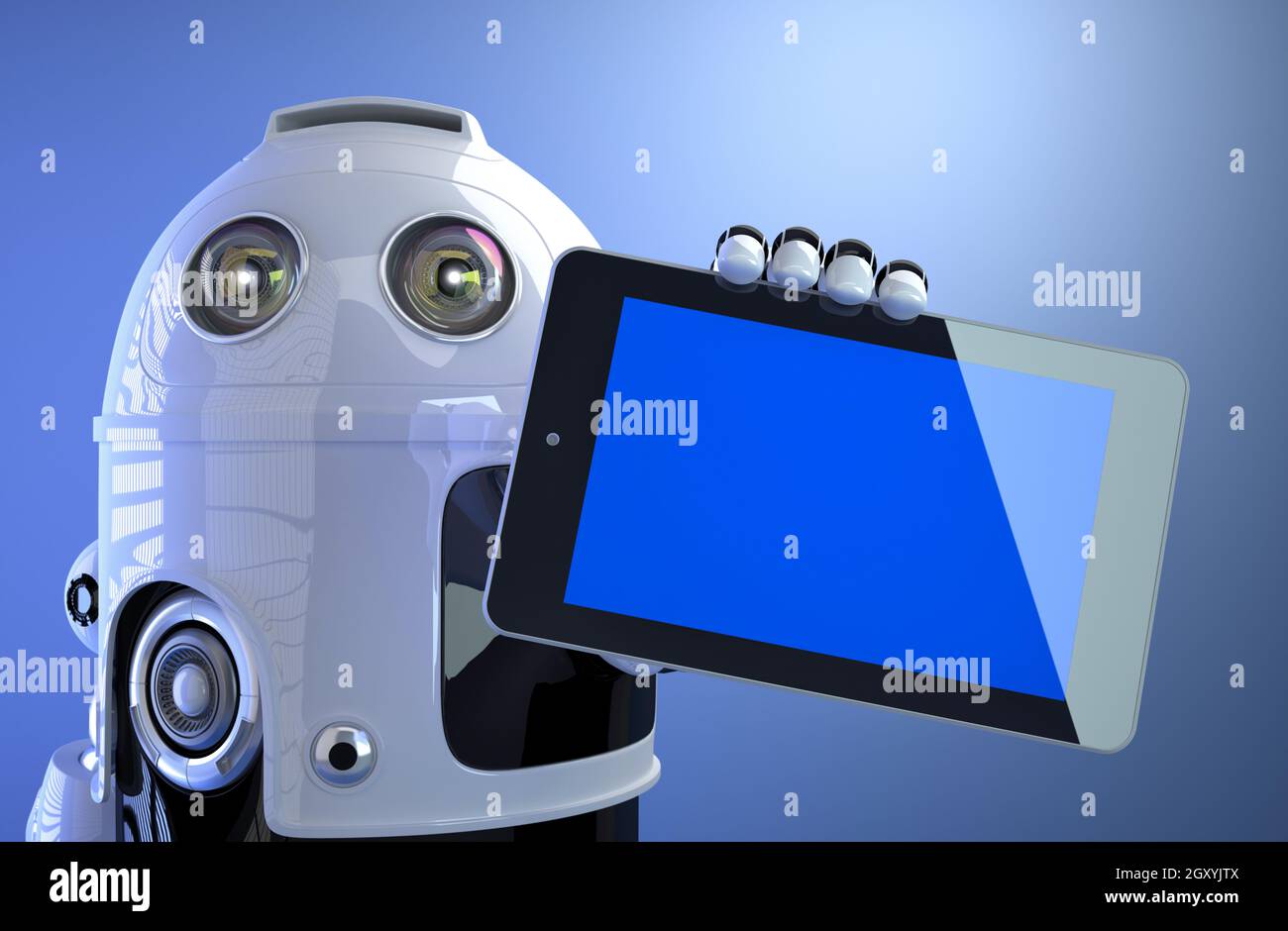 Robot holding blank digital tablet computer isolated on white background Stock Photo