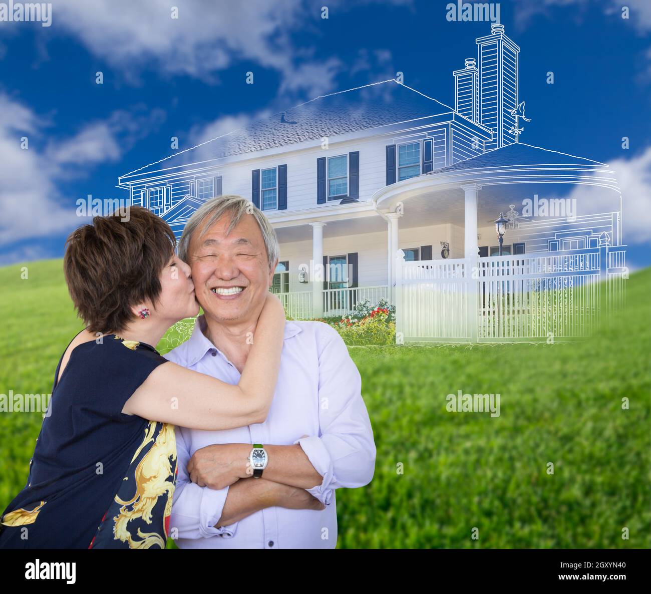 Chinese Senior Adult Couple Kissing In Front Of Ghosted Custom House Drawing and Photo Transition. Stock Photo