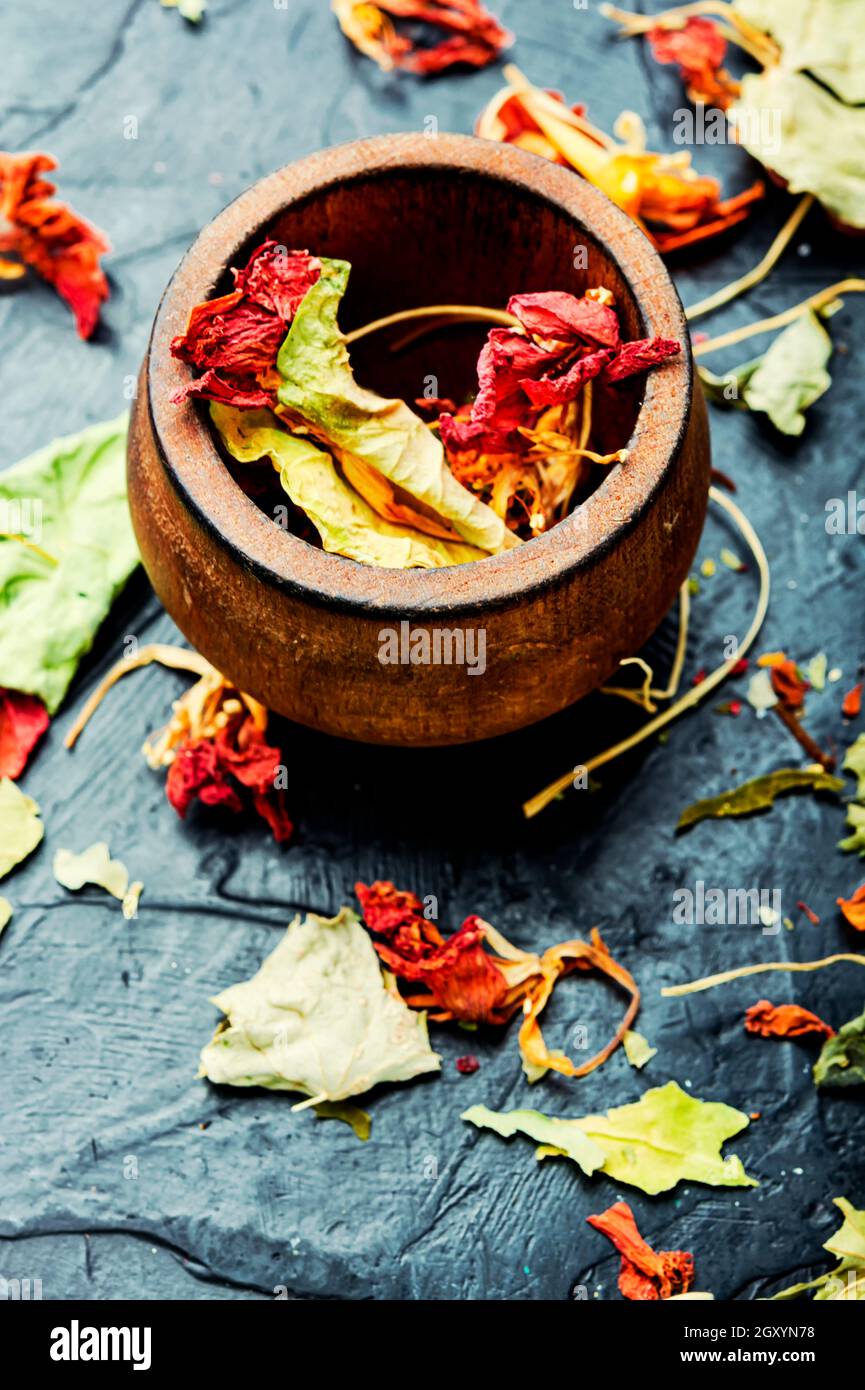 Dried leaves and flowers of nasturtium.Medicinal herbs.Herbal medicine