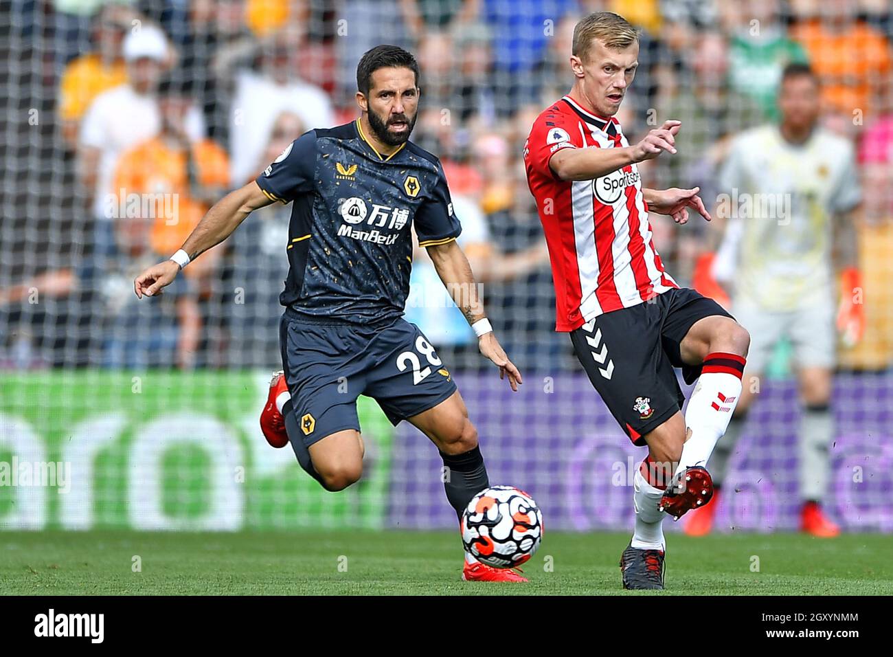 James Ward-Prowse of Southampton and Joao Moutinho of Wolverhampton Wanderers - Southampton v Wolverhampton Wanderers, Premier League, St Mary's Stadium, Southampton, UK - 26th September 2021  Editorial Use Only - DataCo restrictions apply Stock Photo