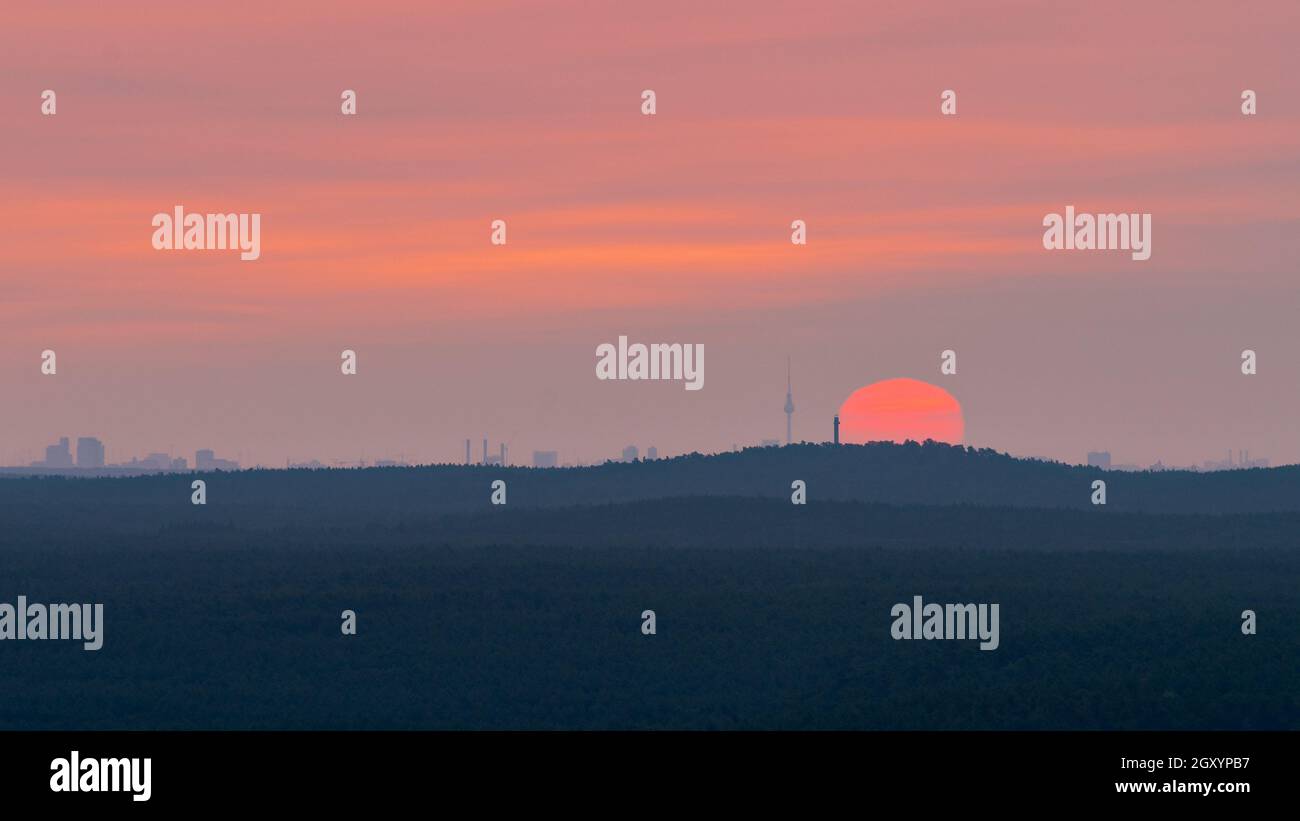 View of the skyline of Berlin, Germany in sunrise seen from lookout platform Wietkiekenberg on the lake Schwielowsee over vast forest area Stock Photo