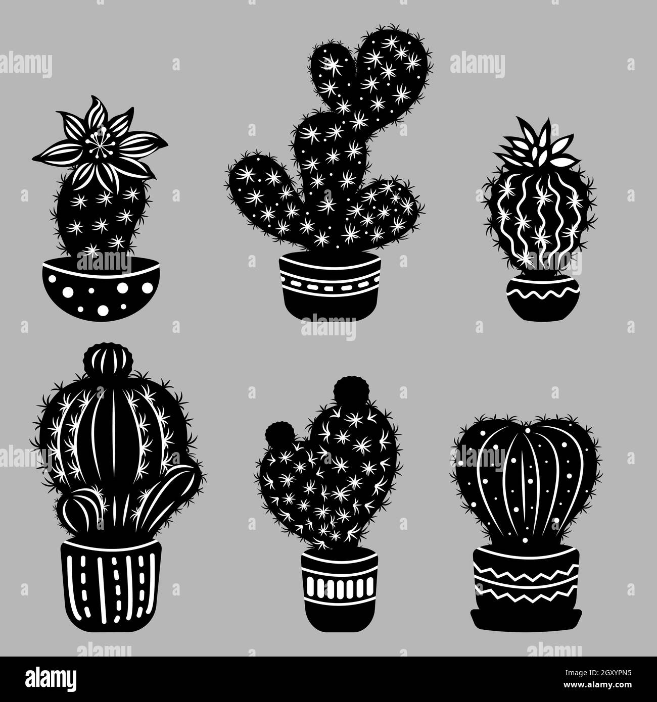 Set of black and white cactuses in pots. Houseplants images isolated ...