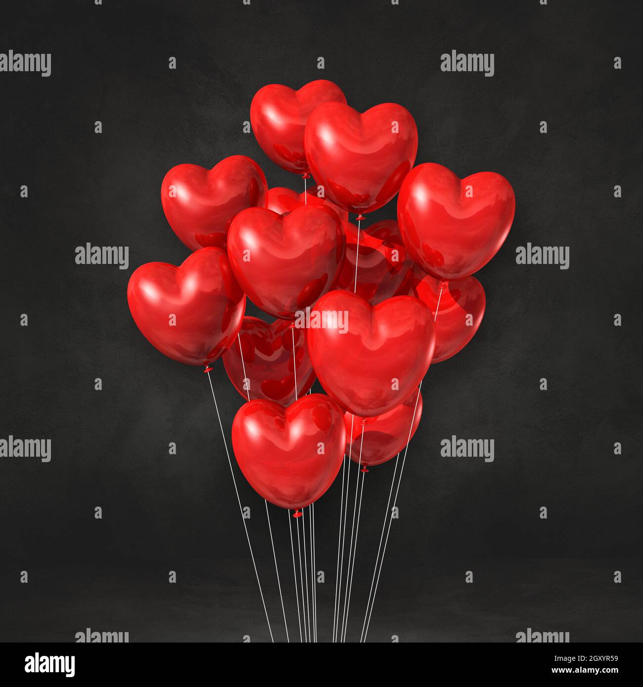Red heart shape balloons bunch on a black wall background. 3D ...