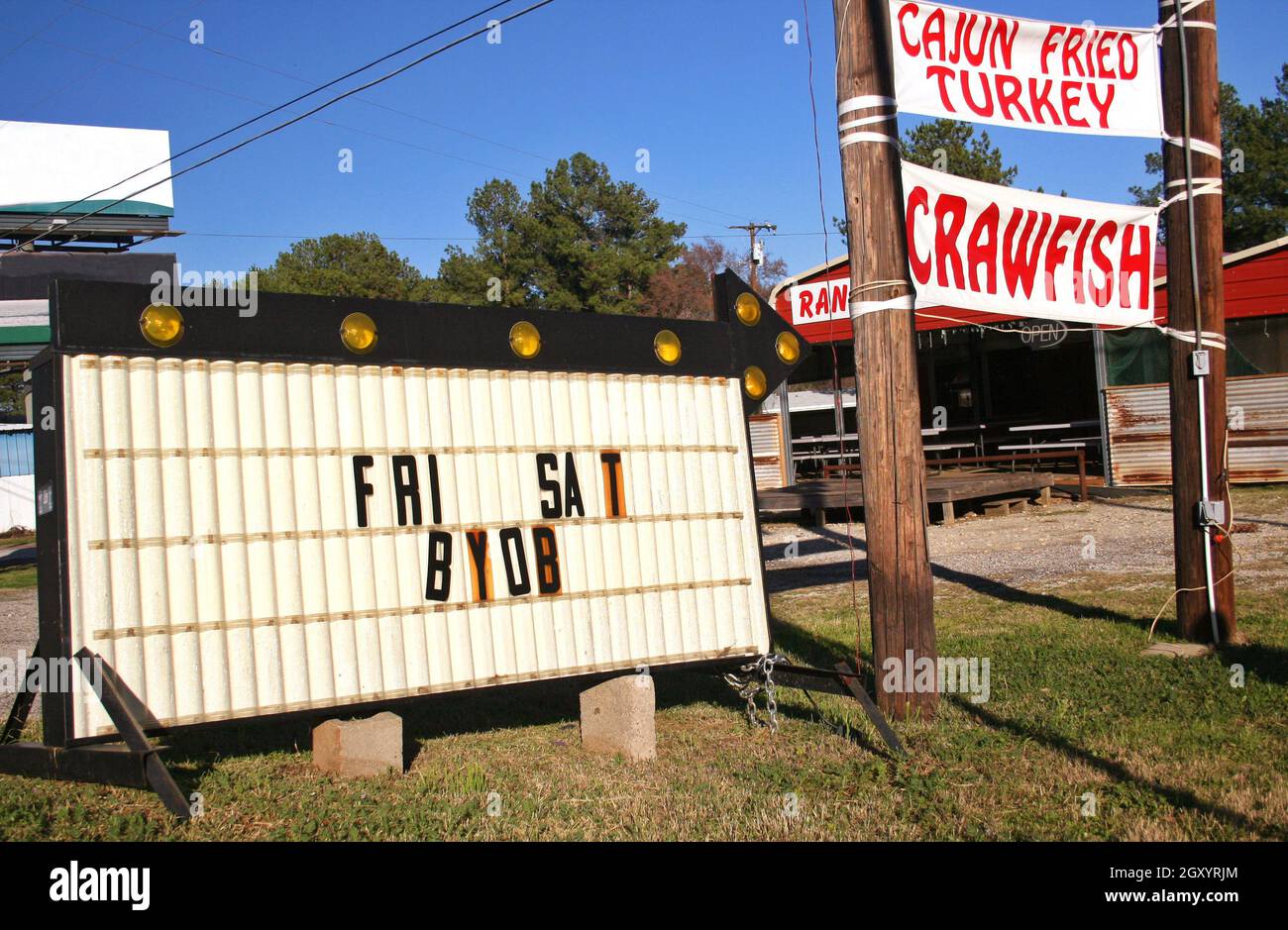 Cajun Fried Turkey and Crawfish Sign Rural Food Stand Stock Photo