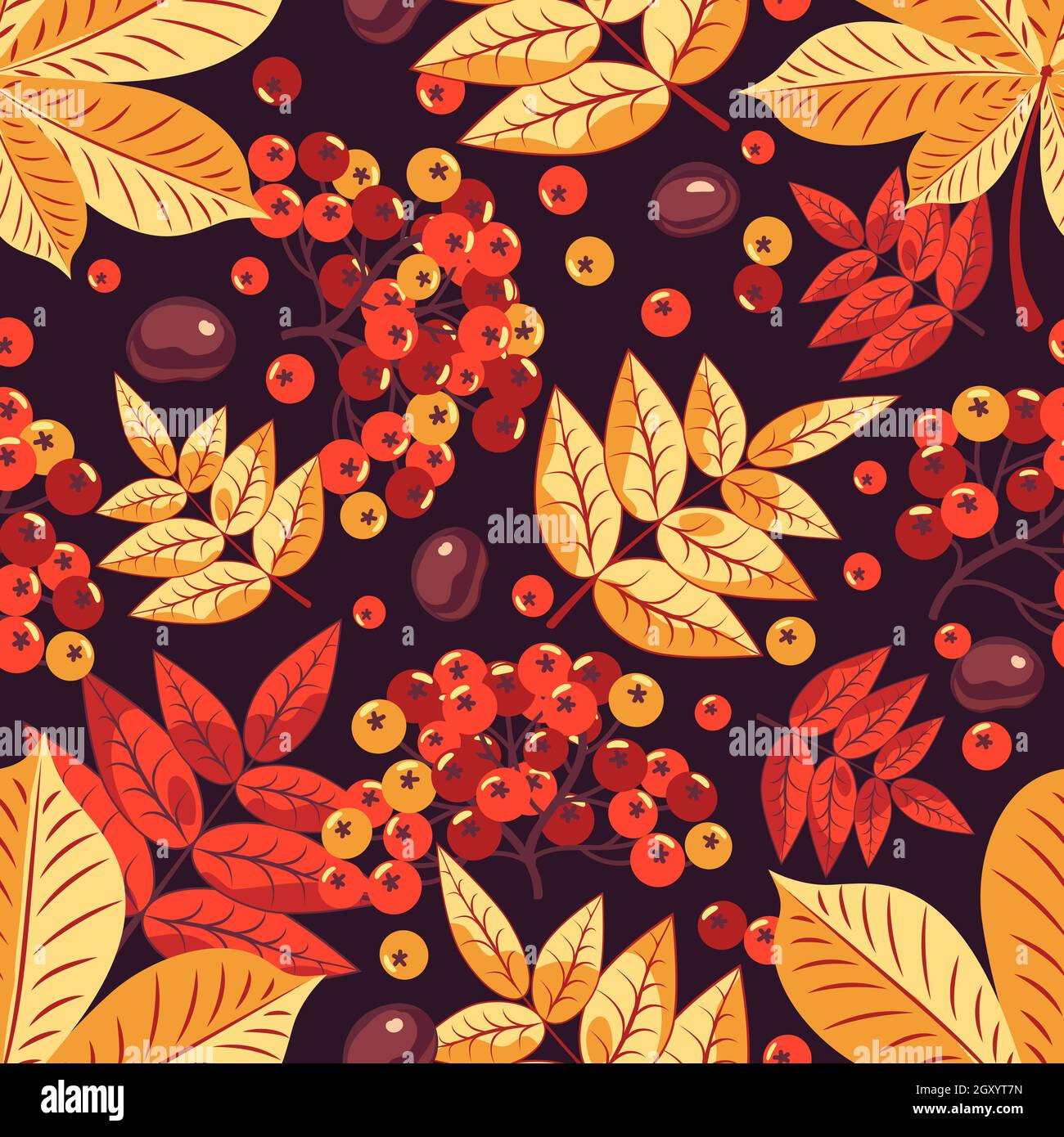 Autumn seamless pattern of red rowan berries and yellow leaves and ...