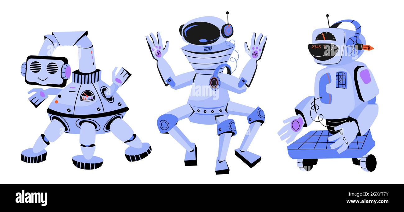 Funny friendly toy robots, kids robotic electronic toys with human faces,  cartoon flat vector illustration isolated on white background. Space  science Stock Vector Image & Art - Alamy
