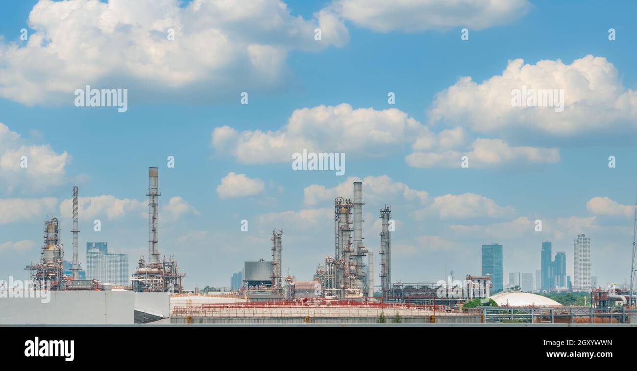 Oil refinery or petroleum refinery plant with blue sky background