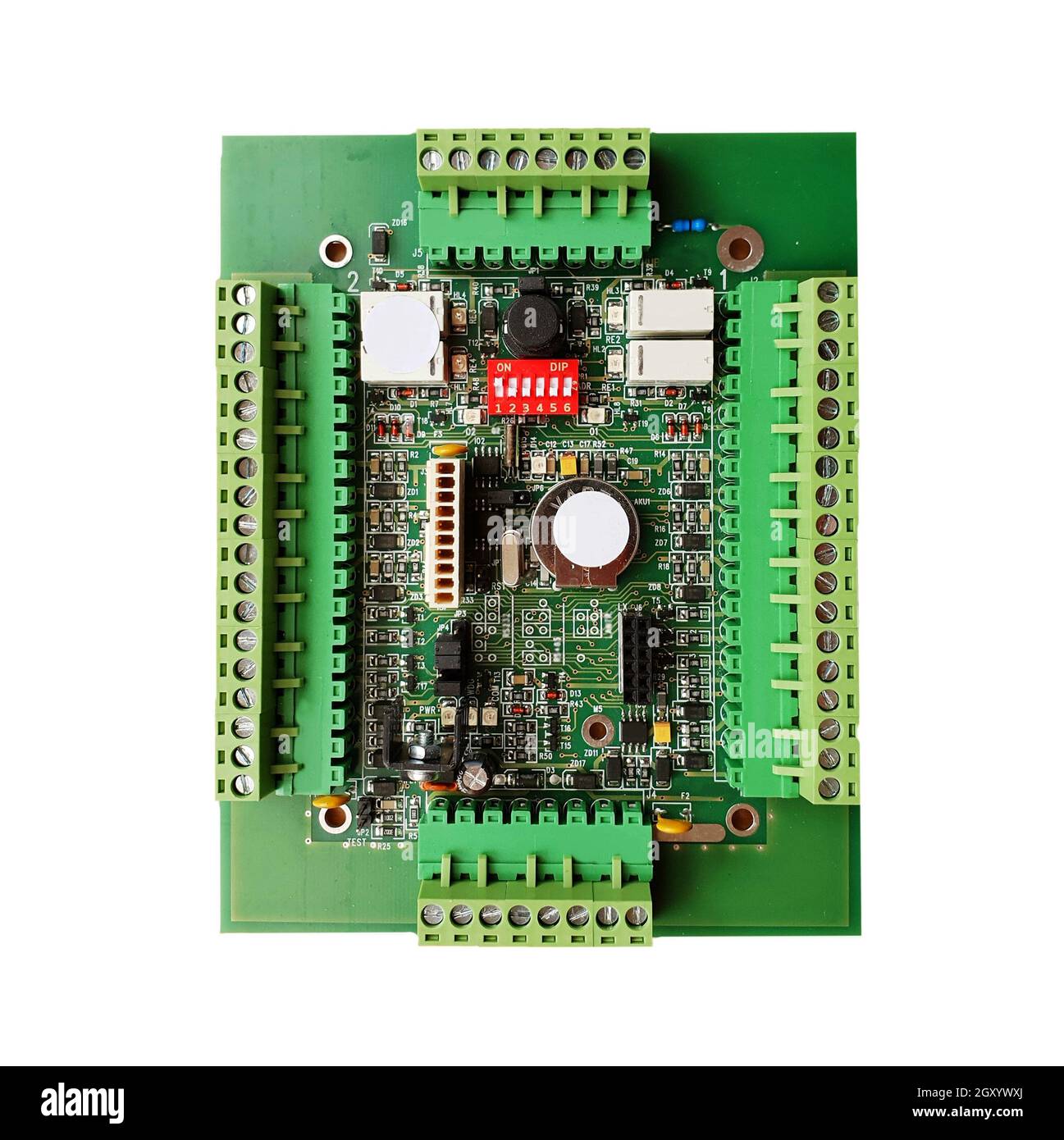 Green circuit board isolated on white background. A system electronic