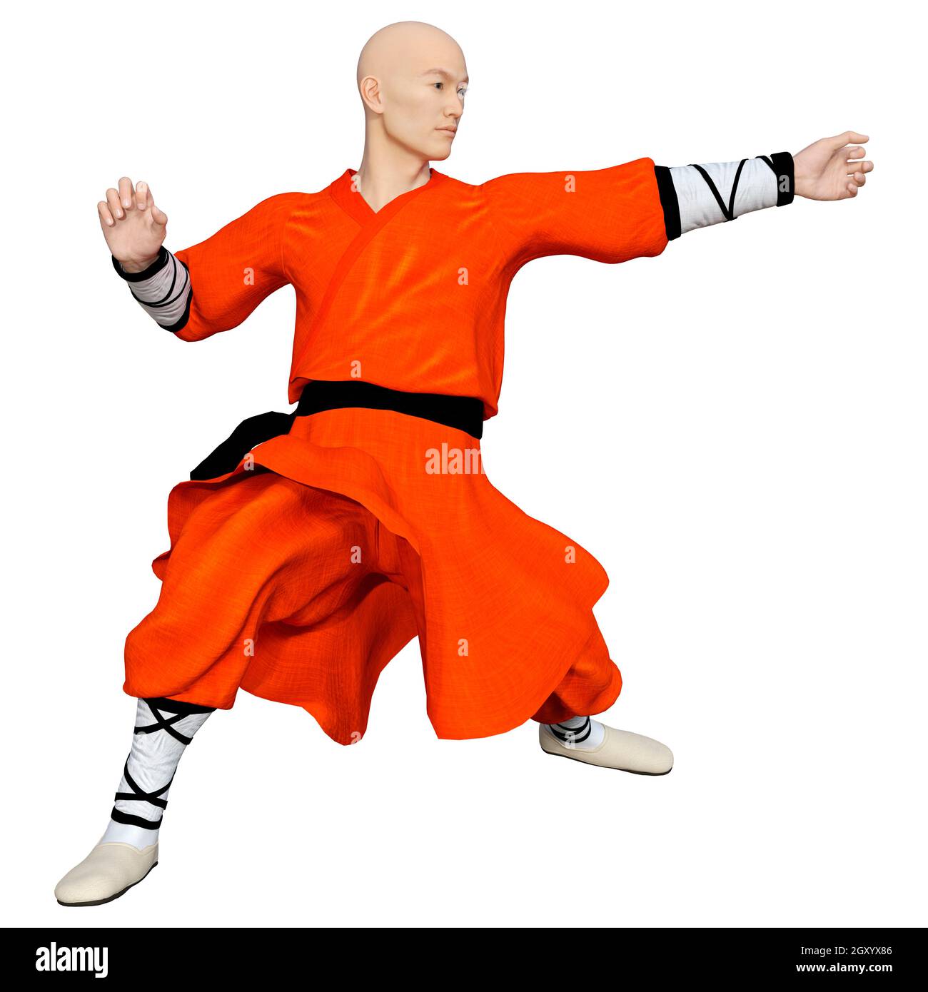 3D rendering of a shaolin monk exercising isolated on white background