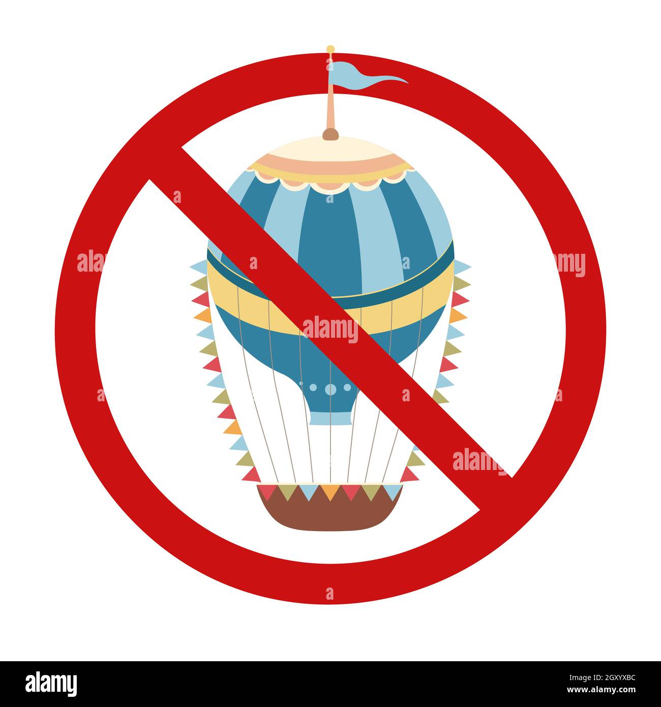 Vintage hot air balloon with ribbons in prohibition sign. Retro air transport is banned. Ban on holding festivals. Forbidden to fly. Vector flat badge Stock Vector