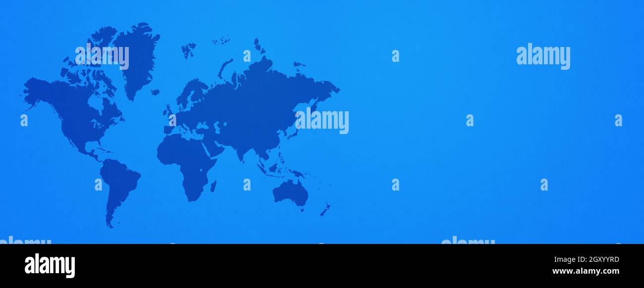 World map isolated on blue wall background. Horizontal banner Stock ...