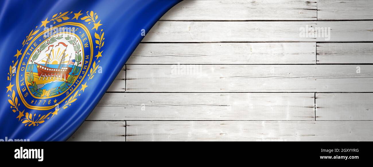 New Hampshire flag on white wood wall banner, USA. 3D illustration