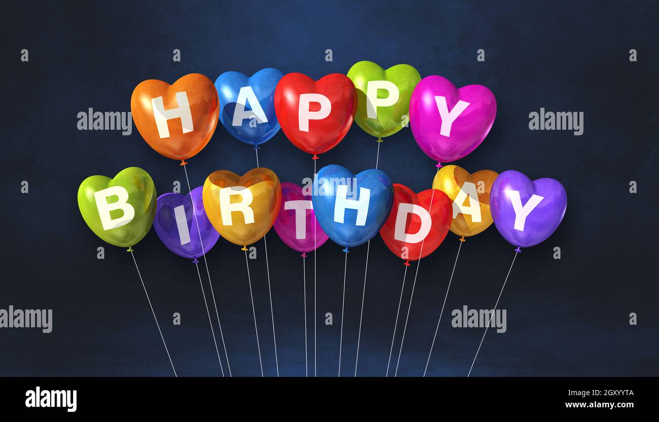 Colorful happy birthday heart shape air balloons on a black background ...