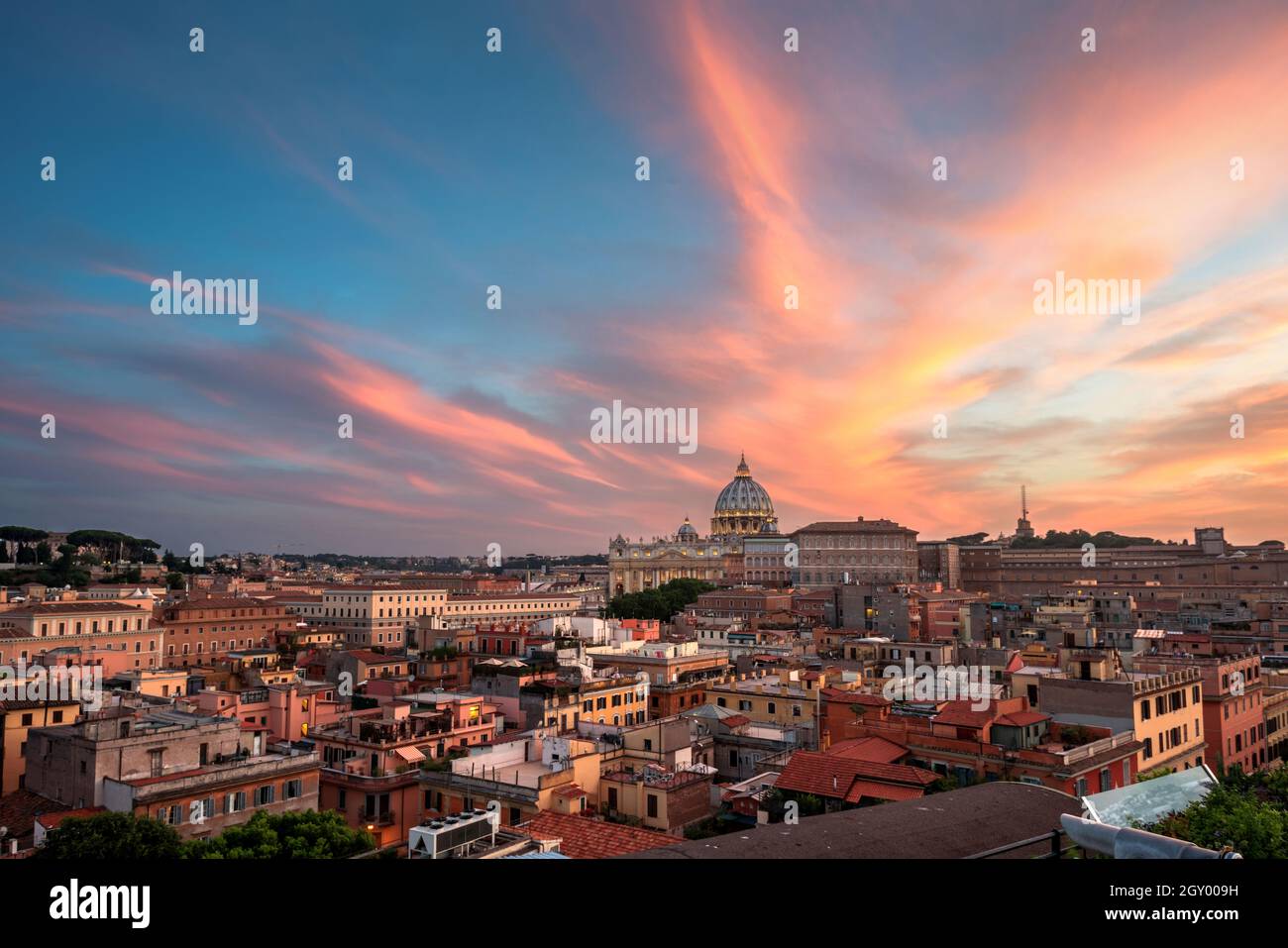 Aerial view of Vatican City at sunset. Drone point of view. Stock Photo