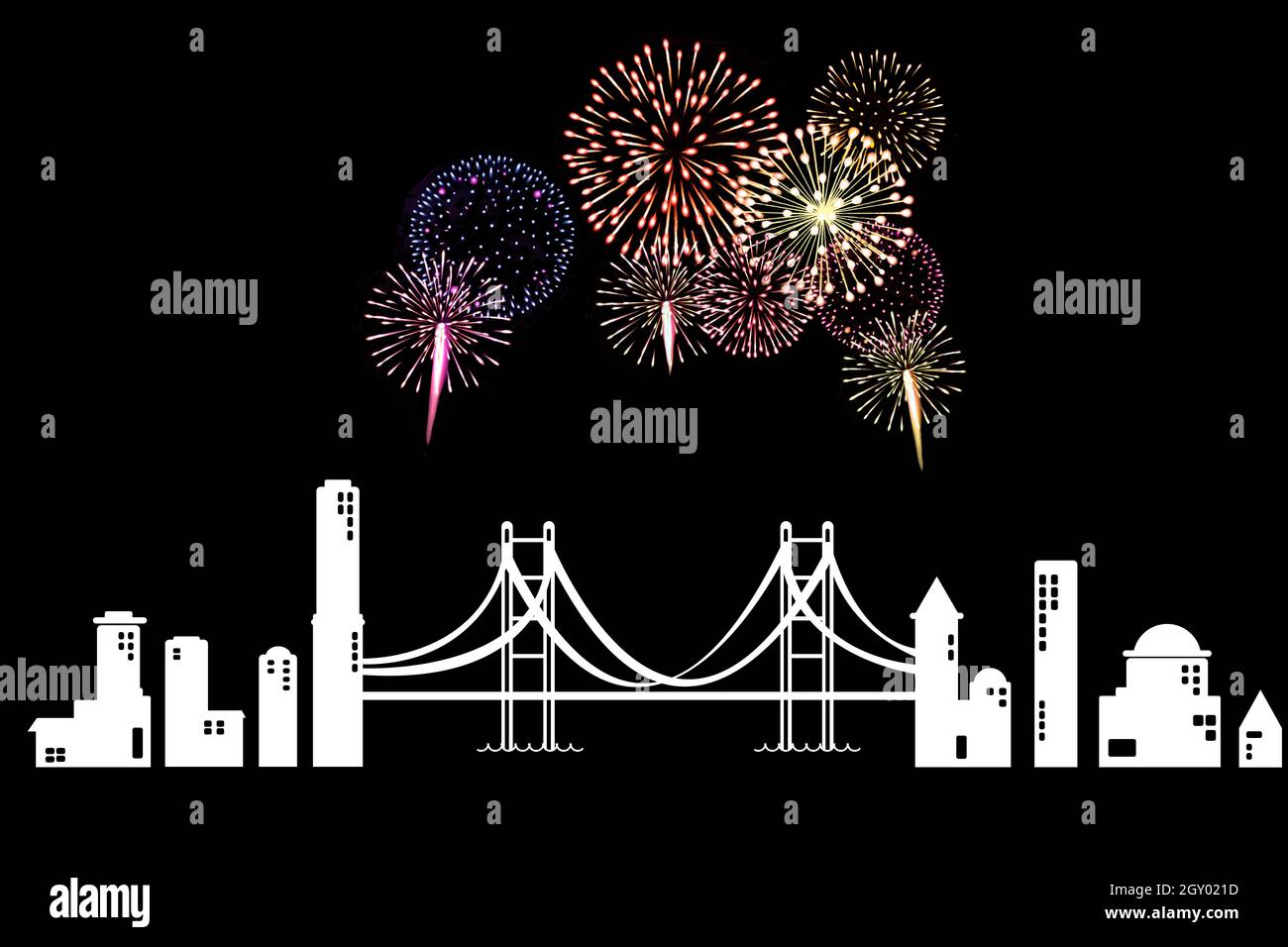 Merry Christmas & Happy New Year design fireworks in the city. Stock Photo