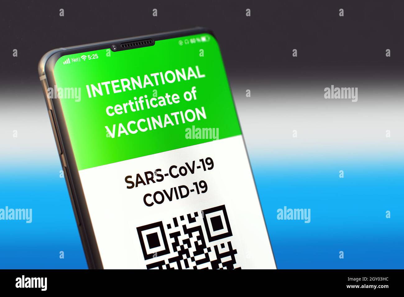 COVID-19: Digital green certificate. Vaccinated digital health passport. Mobile Application on the Cellphone Screen. Vaccinated digital health passpor Stock Photo