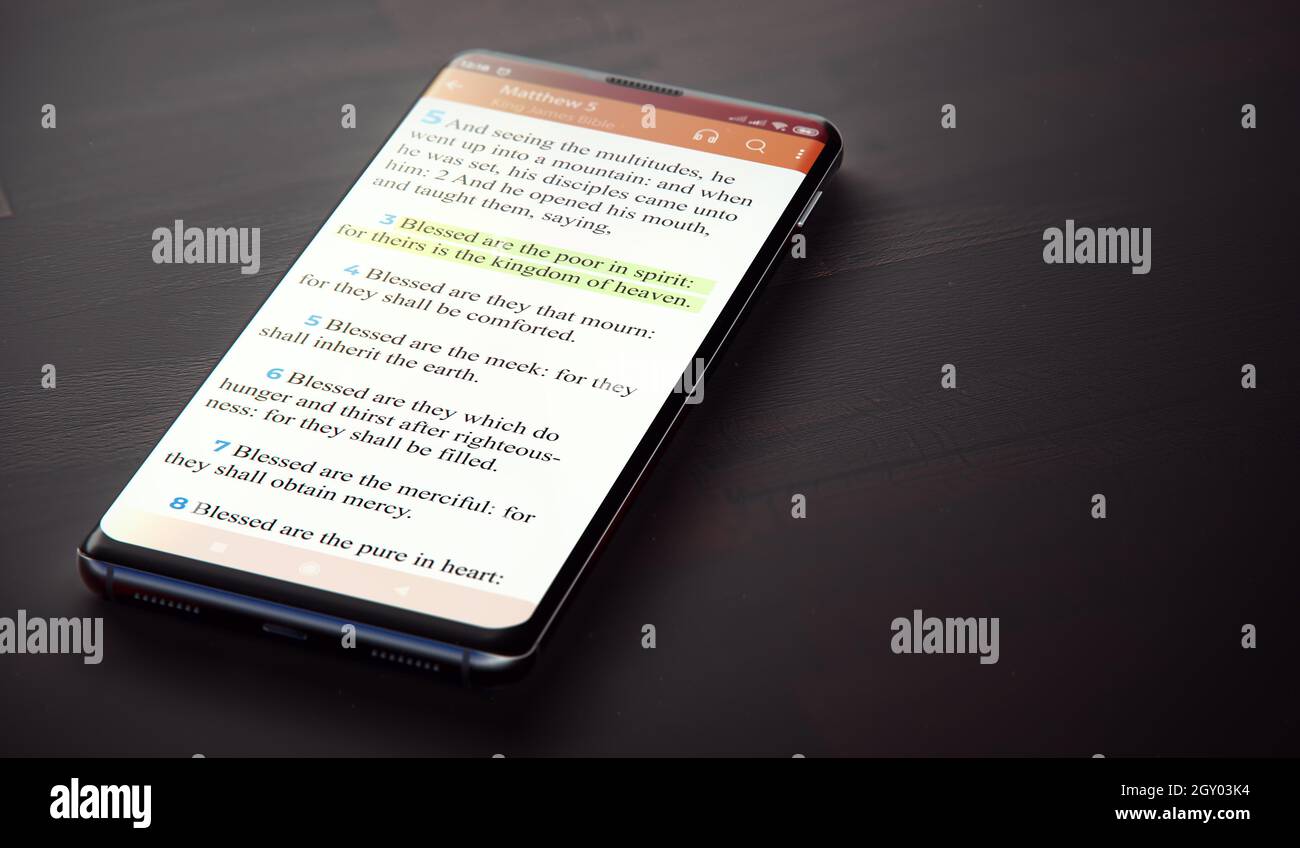 Bible On Smartphone. Matthew 5:3 Highlighted in NKJV Bible on Modern Phone Screen. 3D render. Stock Photo