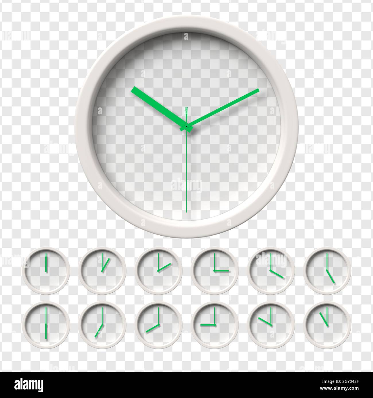 Realistic Wall Clocks set. Transparent face. One clock for every hour