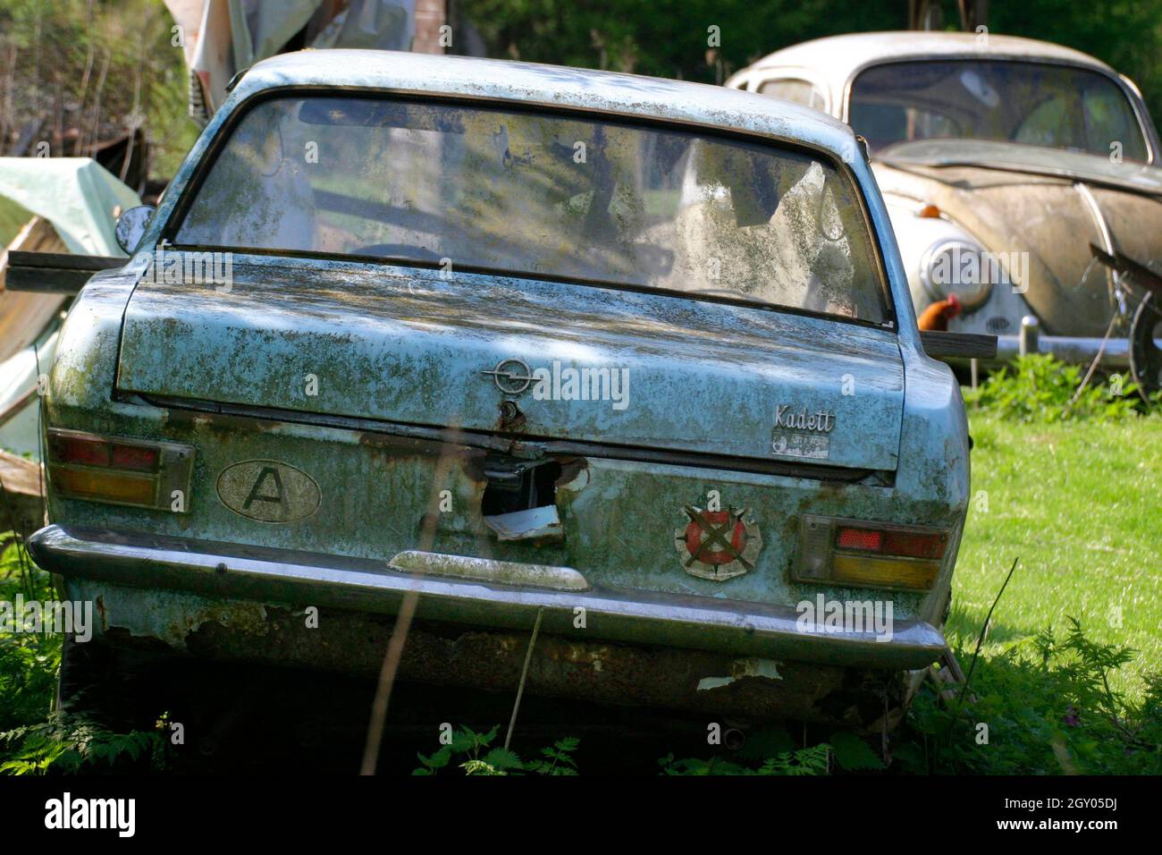 Car wreck on a meadow, Austria Stock Photo