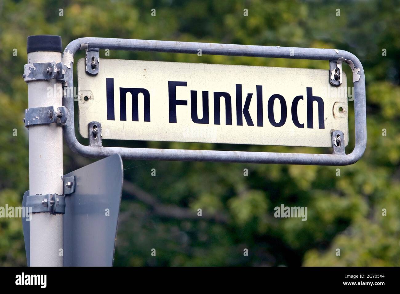 street sign Im Funkloch, Germany, North Rhine-Westphalia, Bergisches Land, Wuppertal Stock Photo