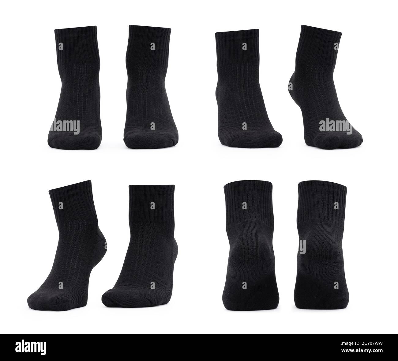 Set of blank black socks mockup isolated on white background with