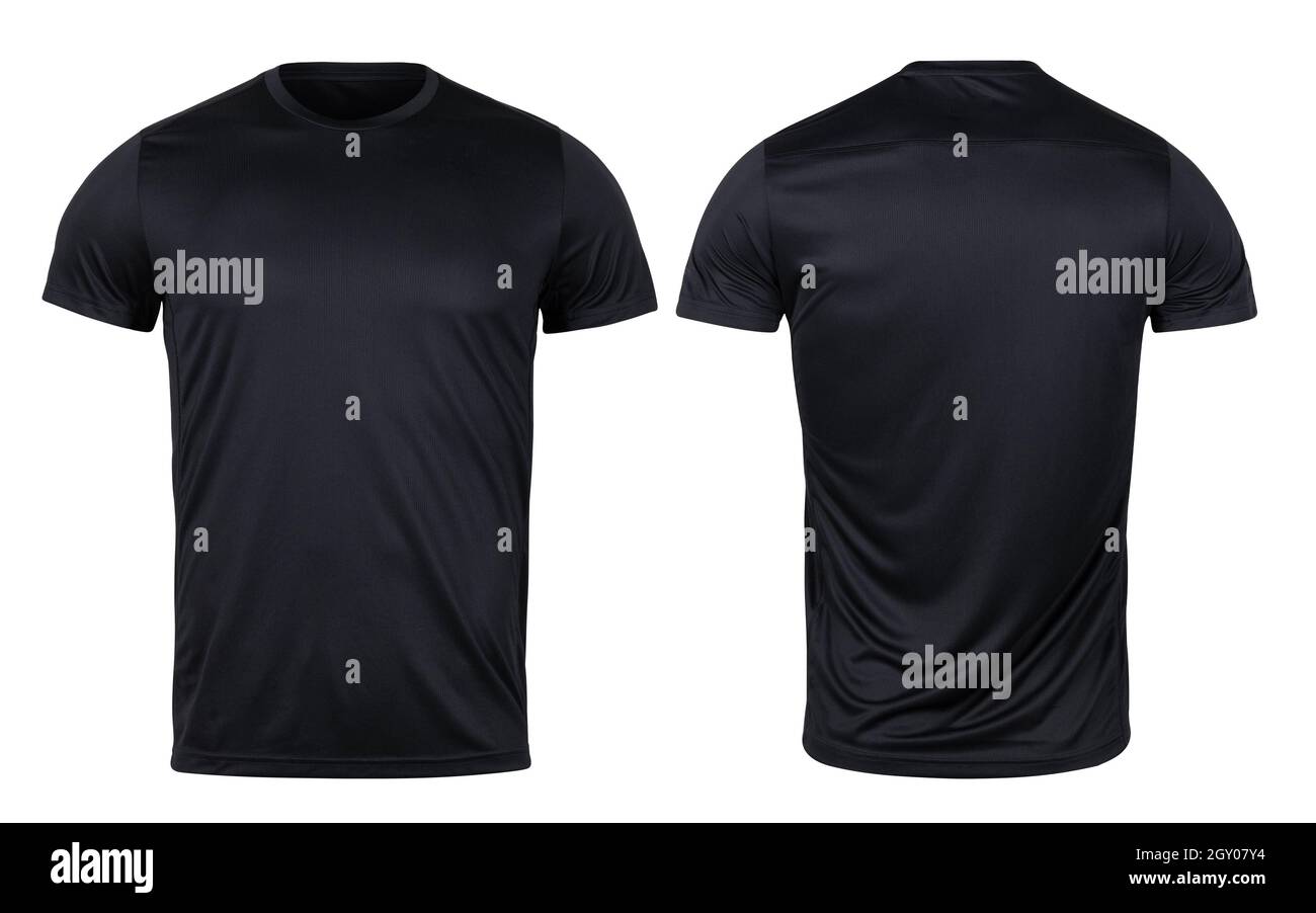 Black sport t-shirt front and back mockup isolated on white background with clipping path. Stock Photo