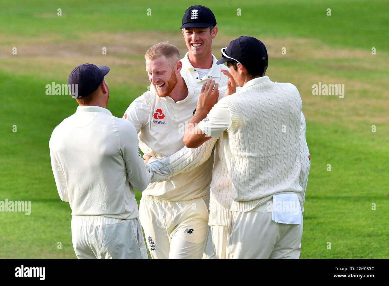 England’s Ben Stokes celebrates taking the wicket of India’s captain Virat Kohli during the test match at The Kia Oval, London. Stock Photo